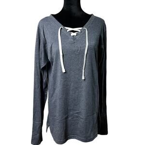 LAT Ladies Long Sleeve Lace-Up Tee Shirt Top Size Large Vintage Smoke Black